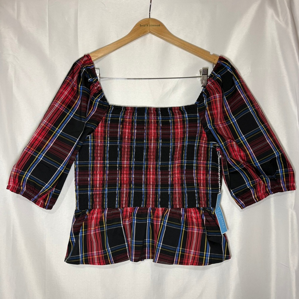 Draper James RSVP Smocked Peplum‎ Top Red Black Plaid L KD2065YPP